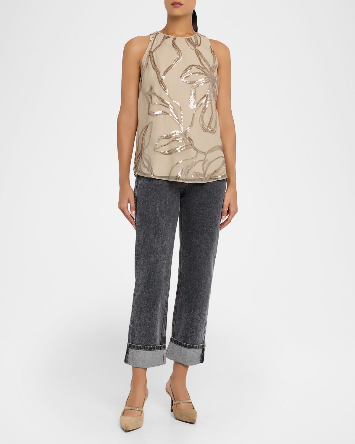 Brunello Cucinelli Sequined Floral Crispy Silk Chiffon Blouse