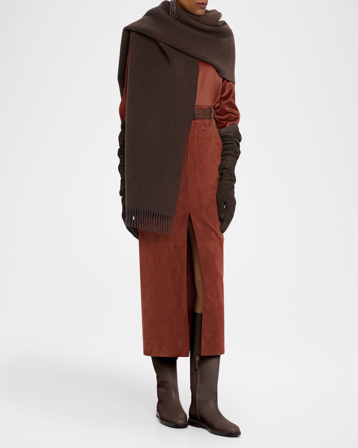 Brunello Cucinelli Wool-Cashmere Fringed Cape Scarf