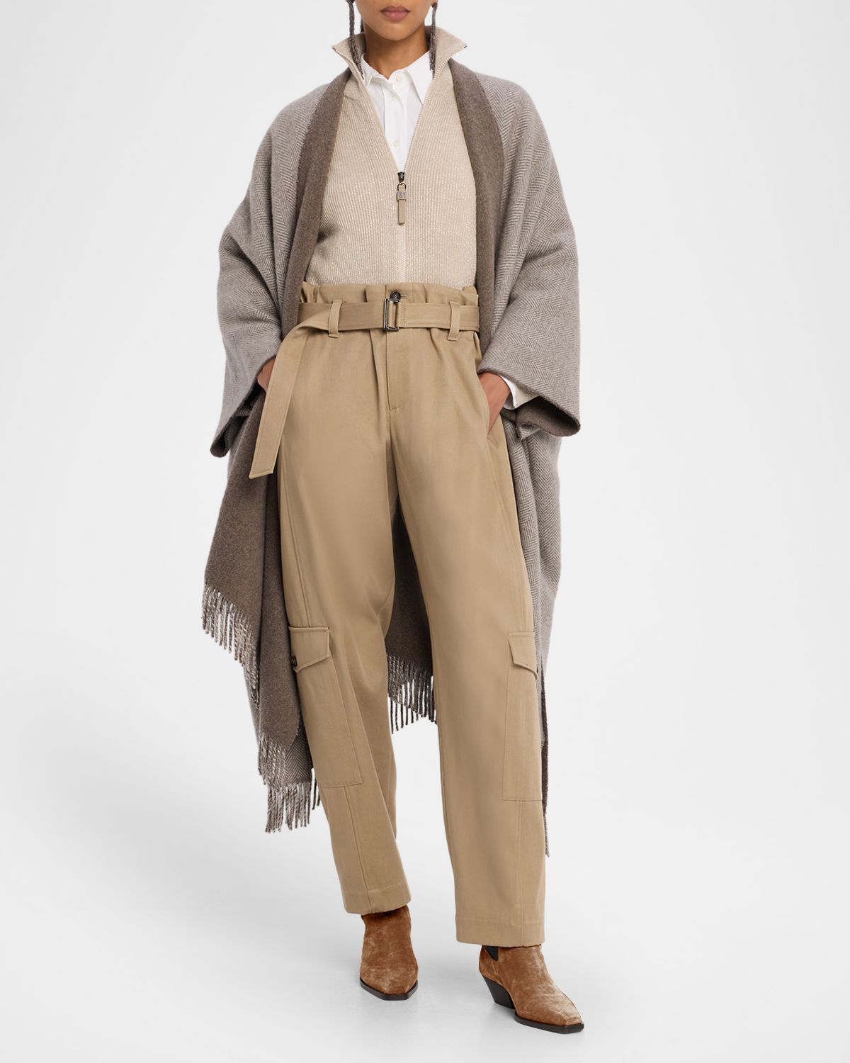 Brunello Cucinelli Sparkly Cashmere Rib Long-Sleeve Zip Cardigan