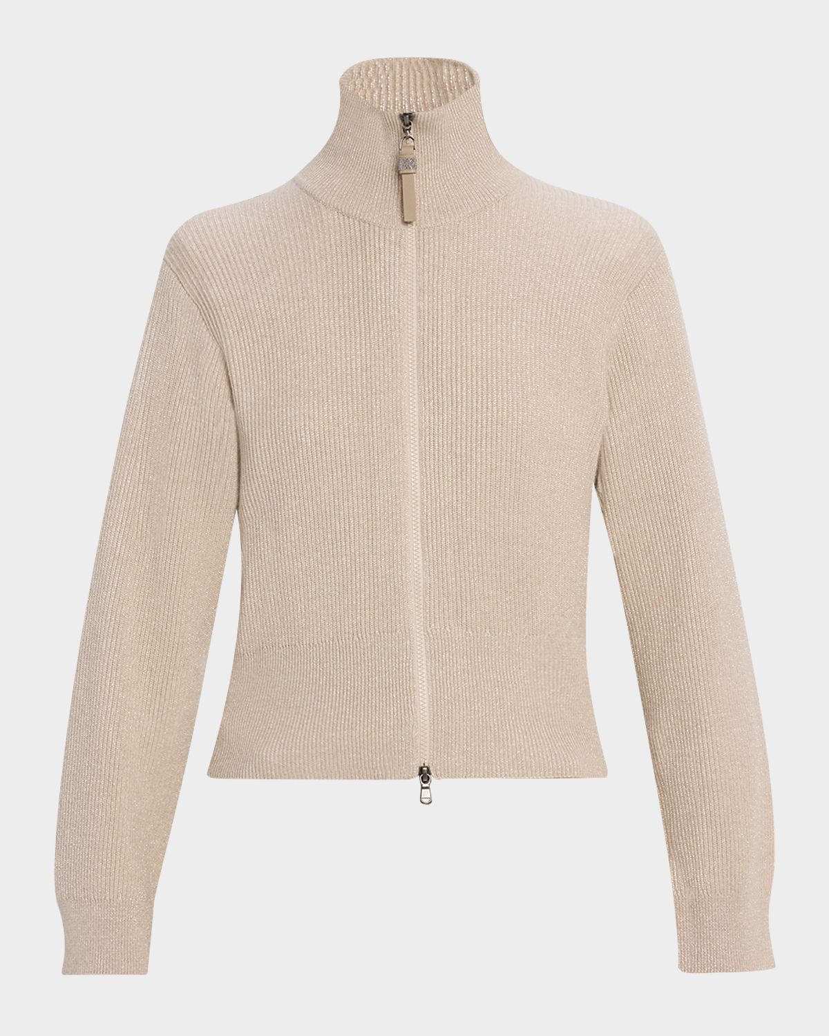 Brunello Cucinelli Sparkly Cashmere Rib Long-Sleeve Zip Cardigan