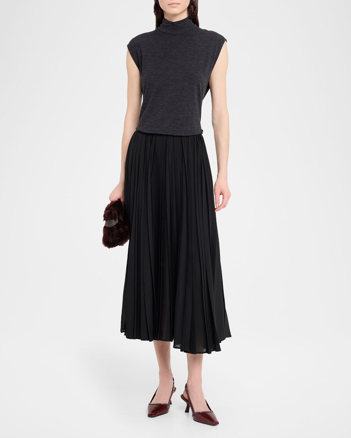 Brunello Cucinelli Mixed-Media Pleated Gauze Midi T-Shirt Dress