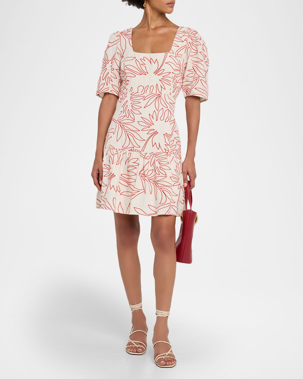 Marie Oliver Temma Embroidered Square-Neck Linen Mini Dress
