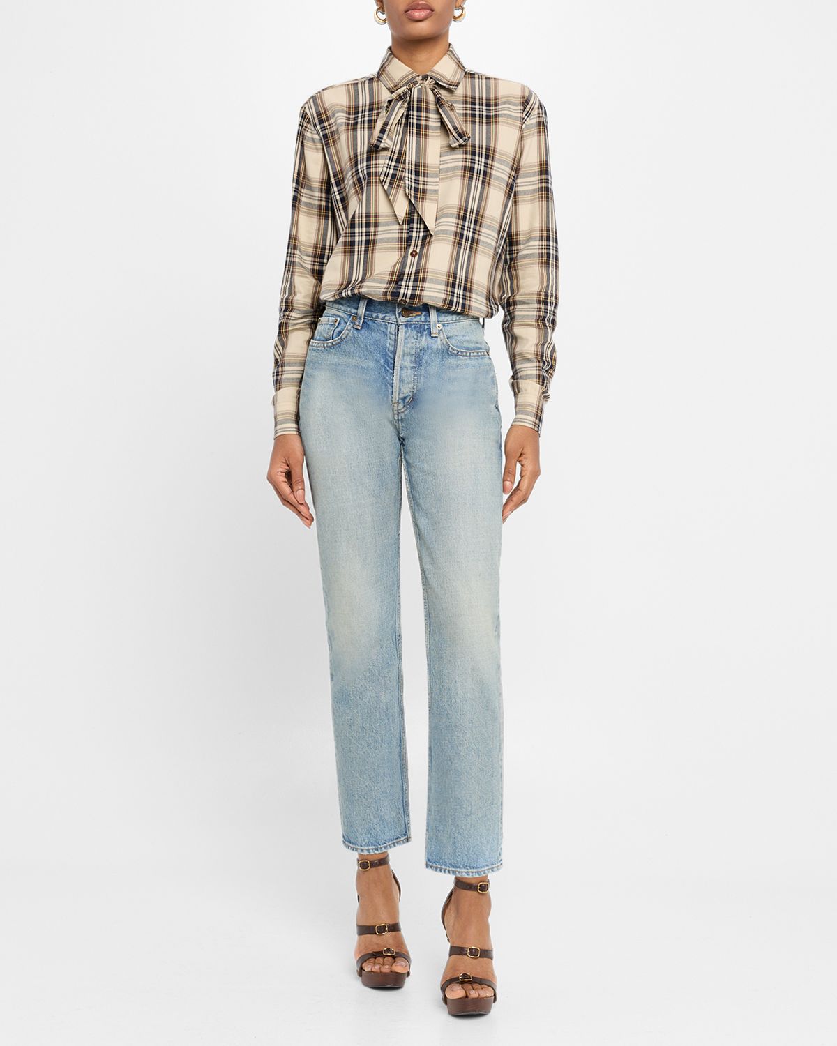 Saint Laurent Neck-Tie Plaid Button-Down Blouse