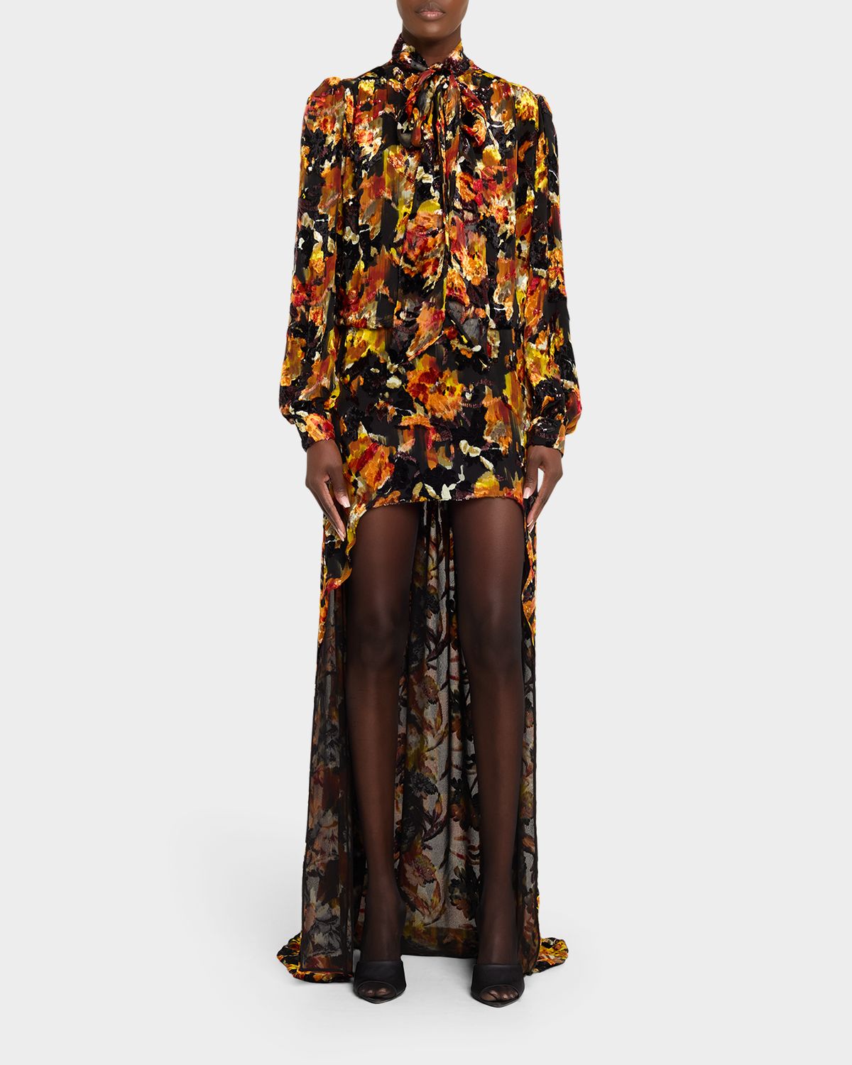 Saint Laurent Floral Velvet Long-Sleeve High-Low Dress