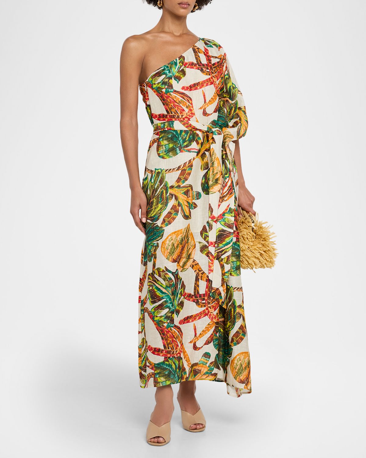 Marie Oliver Farrow Asymmetric Linen-Silk Midi Dress