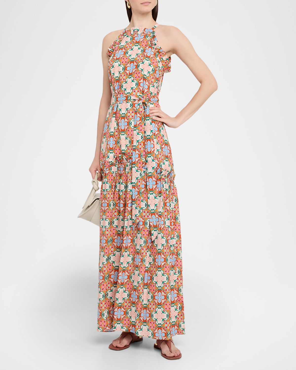 Marie Oliver Keenan Tile-Print Ruffle Halter Maxi Dress