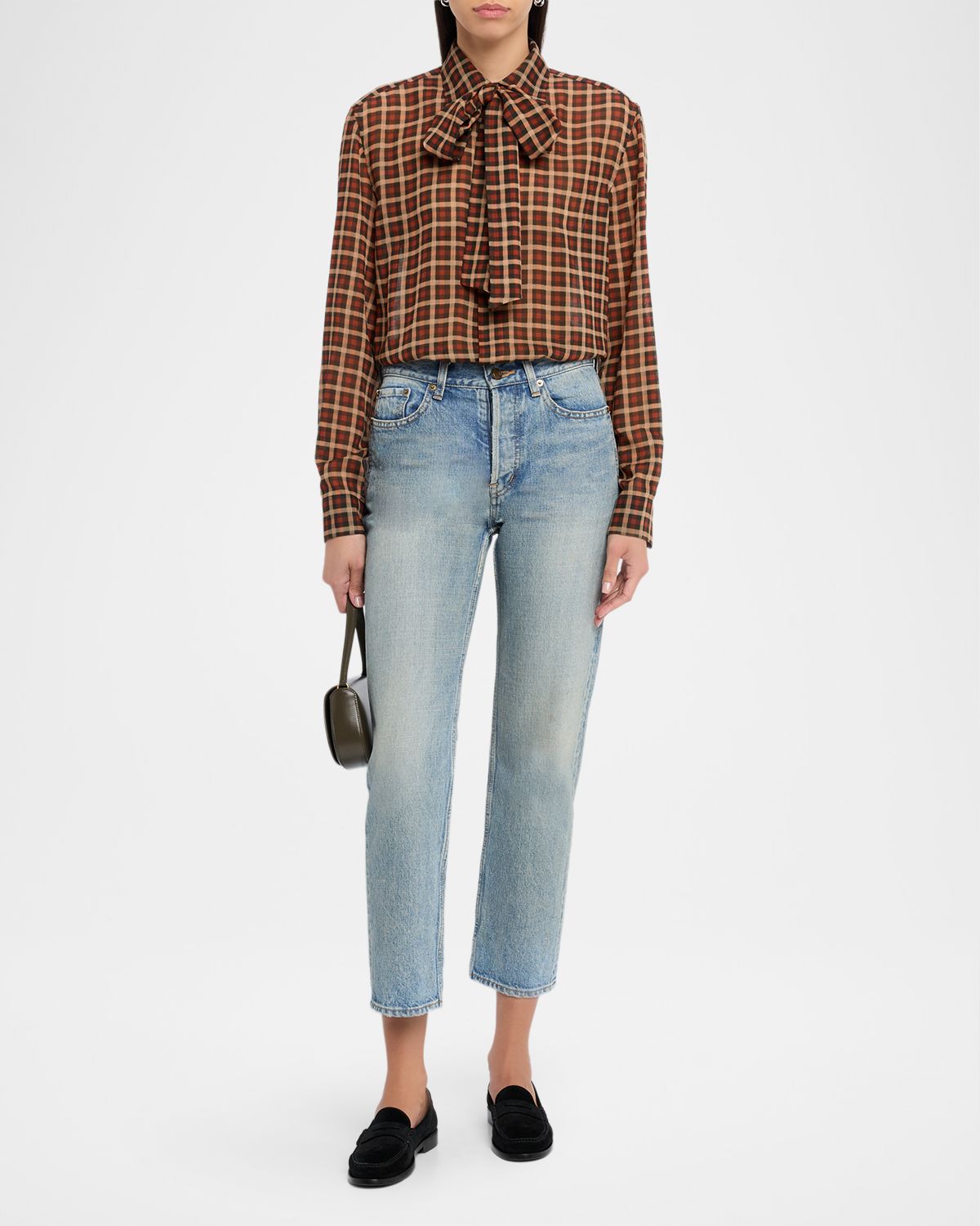 Saint Laurent Bow-Neck Check Vichy Silk Shirt