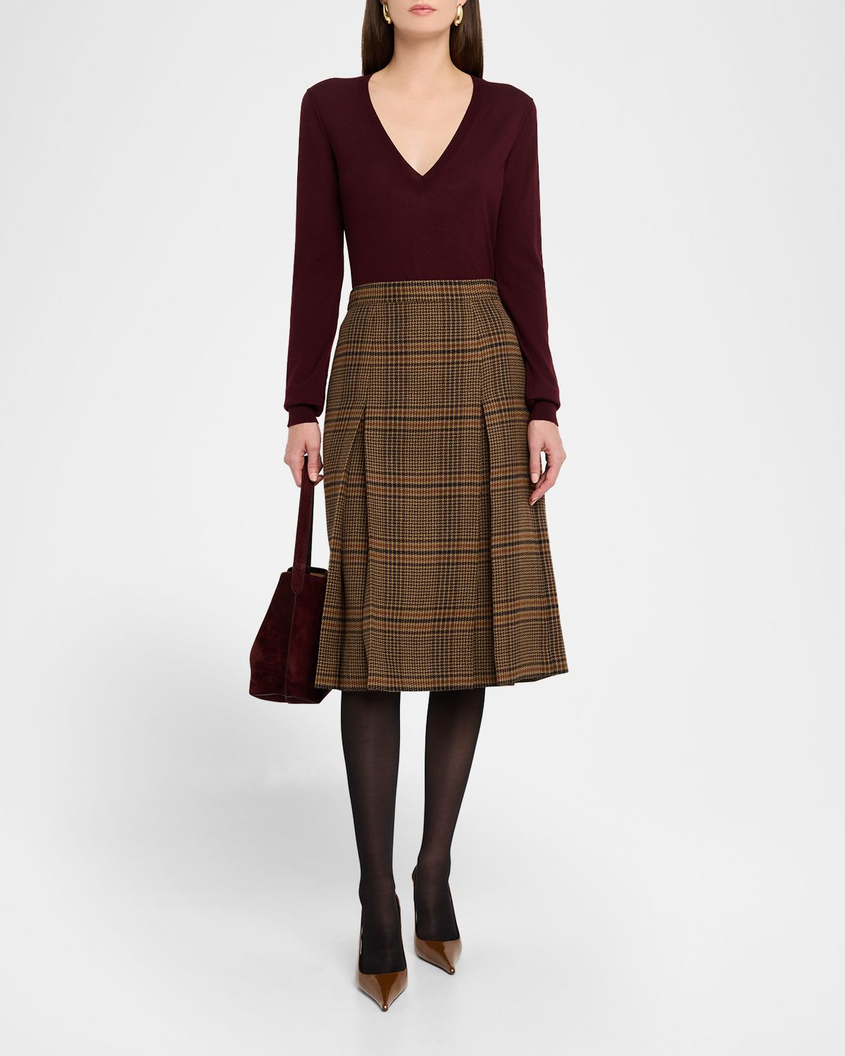 Saint Laurent Jupe Pleated Houndstooth Wool-Blend Midi Skirt