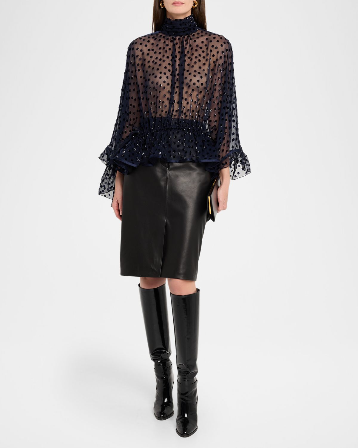 Saint Laurent Polka Dot Sheer High-Neck Peplum Blouse