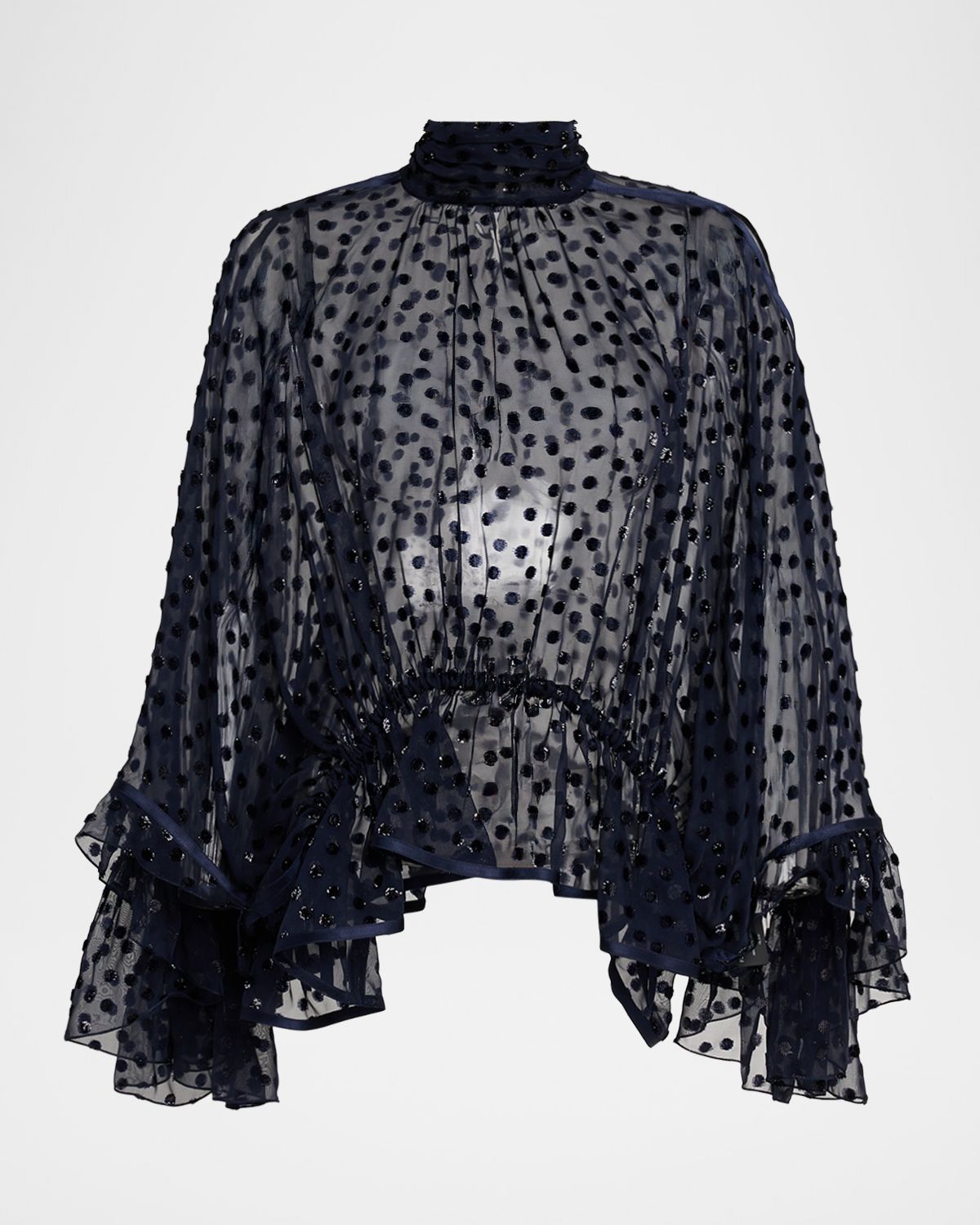 Saint Laurent Polka Dot Sheer High-Neck Peplum Blouse