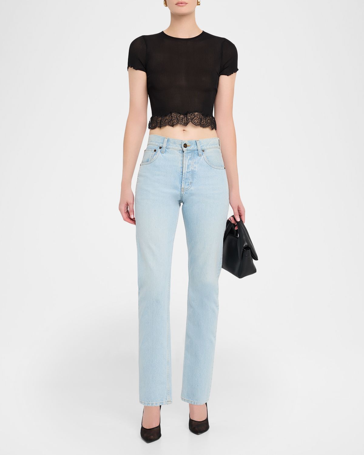 Saint Laurent Lace-Trim Short-Sleeve Crop T-Shirt