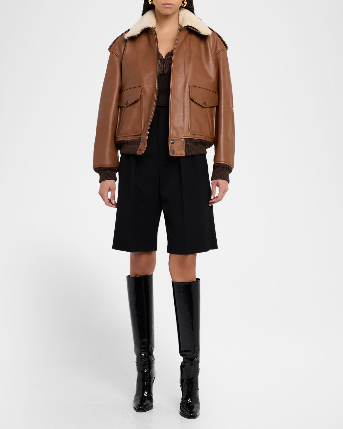 Saint Laurent Lamb Shearling Collar Leather Aviator Jacket