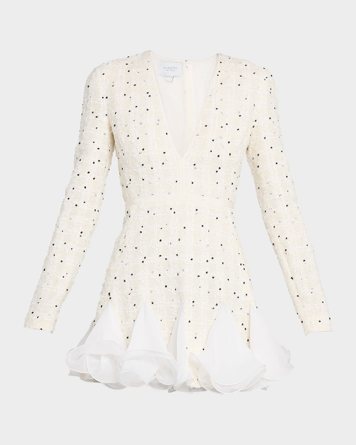 Giambattista Valli Polka-Dot Boucle Long-Sleeve Godet Mini Dress