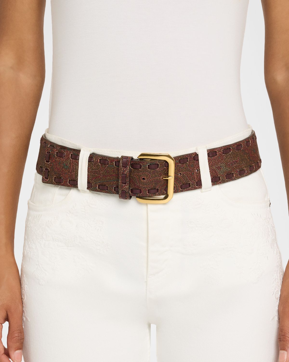 Etro Threaded Arnica-Print Leather Belt
