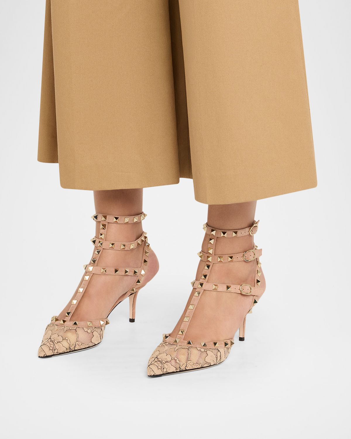 Valentino Garavani 65mm Rockstud Lace Ankle-Strap Pumps