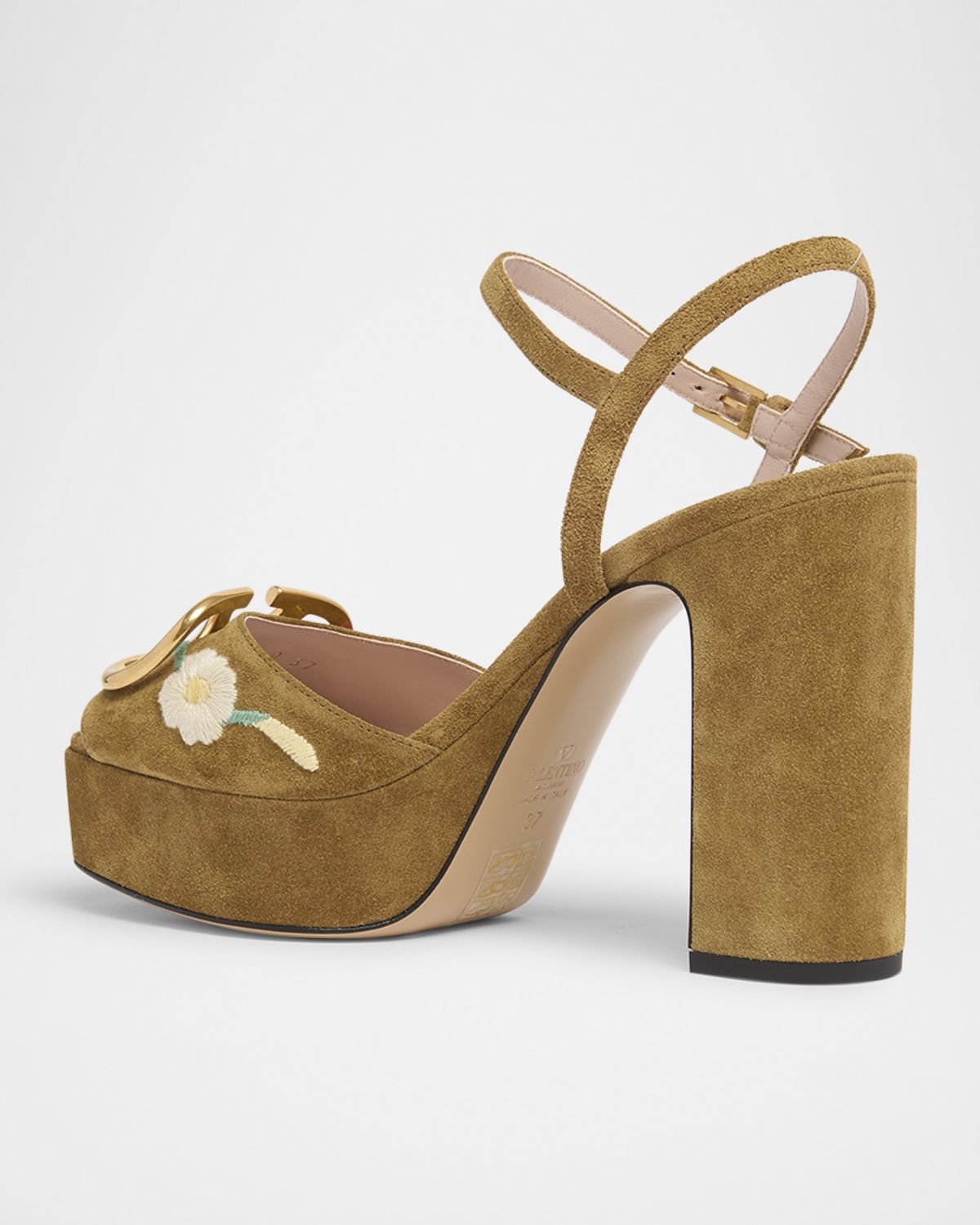 Valentino Garavani Floral Embroidered VLogo Suede Platform Sandals