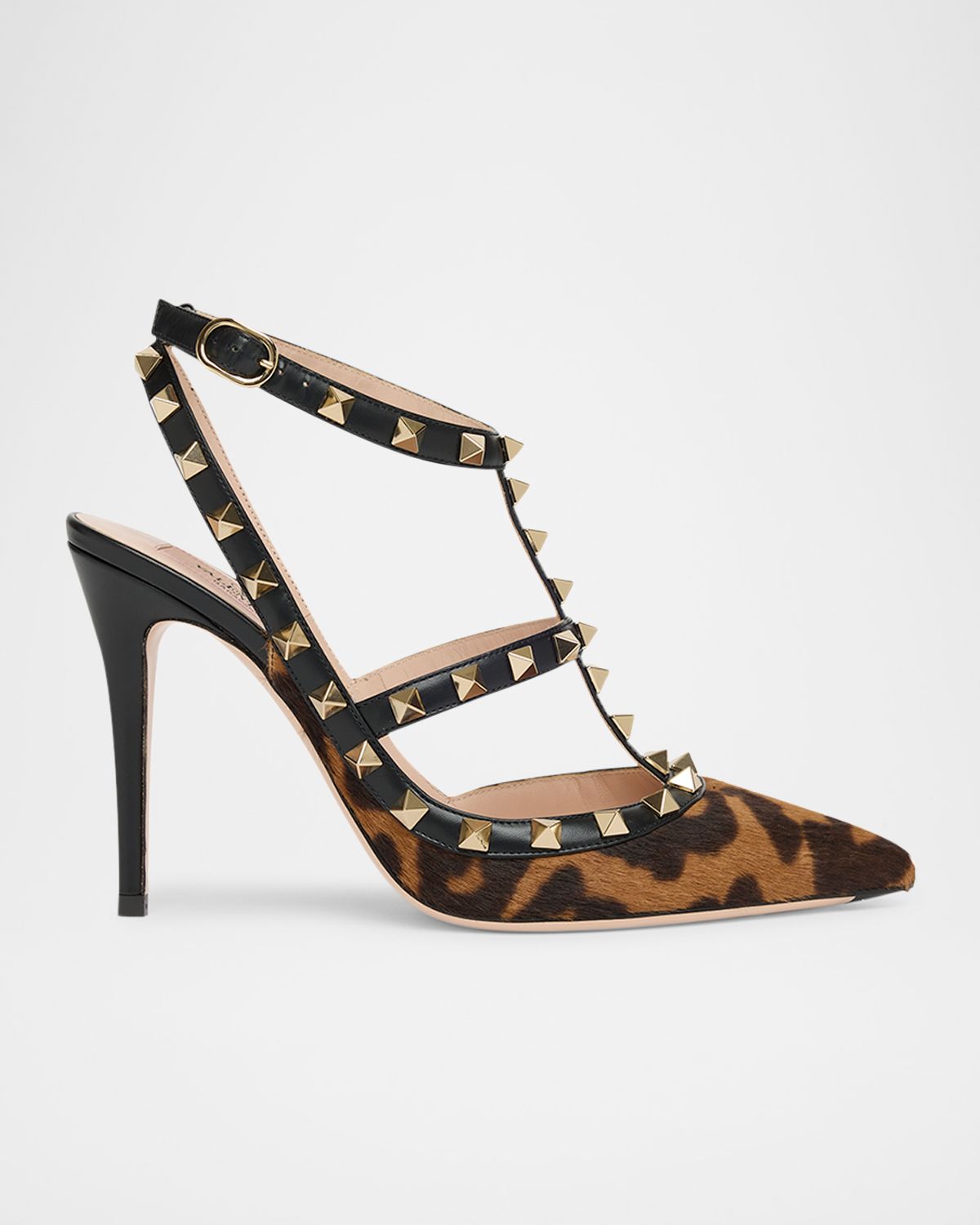Valentino Garavani 100mm Rockstud Leopard Calf Hair Ankle-Strap Pumps