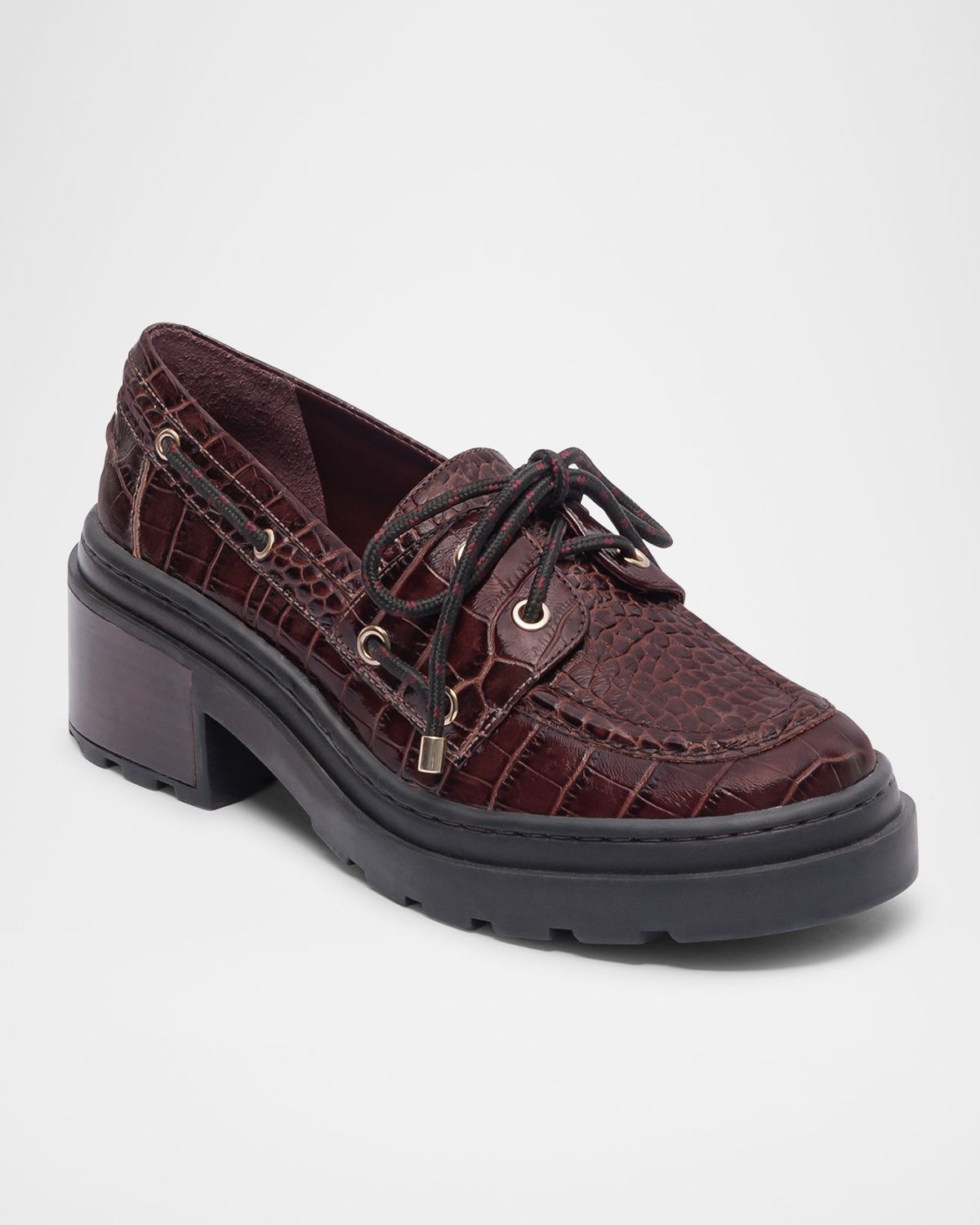Bernardo Nico Croc-Embossed Leather Lug-Sole Boat Loafers