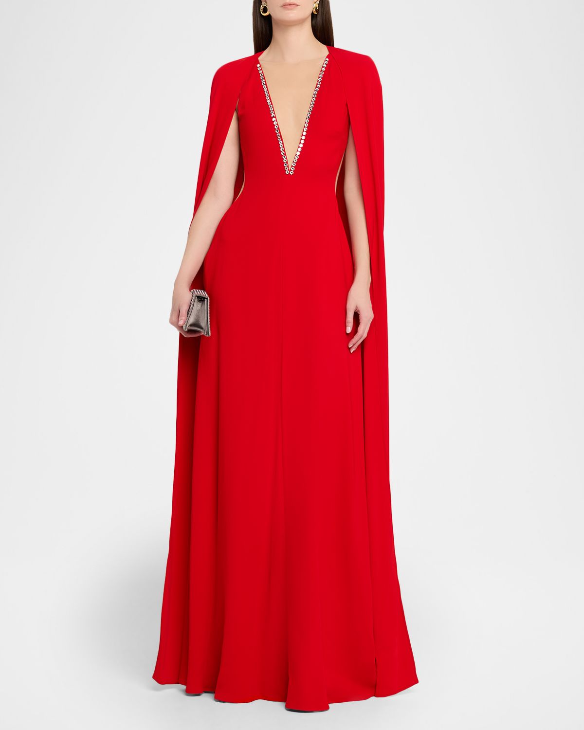 Stella McCartney Crystal Plunging Illusion Cutout Cape Gown