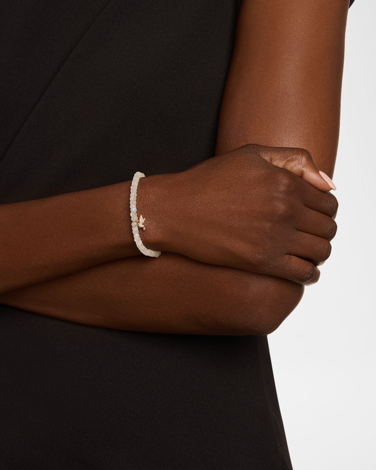 Sydney Evan 14K Gold Hummingbird Charm on Rainbow Moonstone Beaded Bracelet