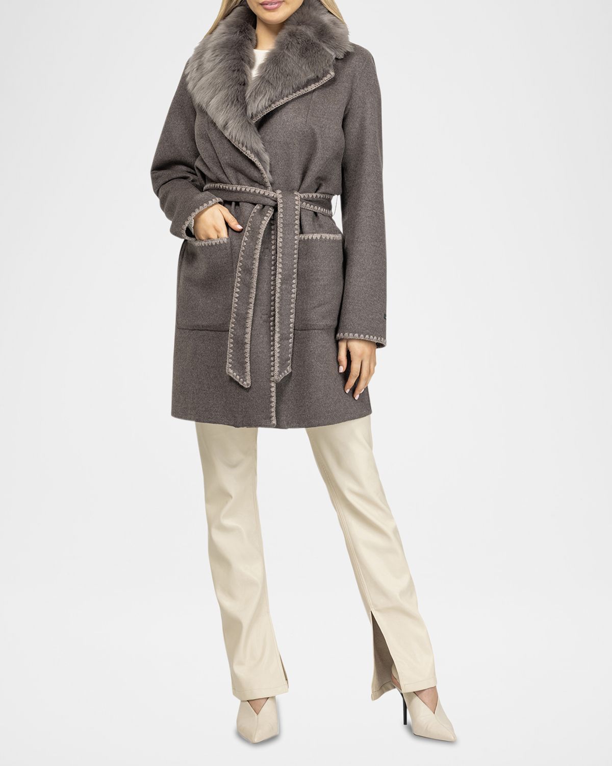 Gorski Belted Cashmere-Wool Stroller with Detachable Merinillo Lamb Shearling Collar