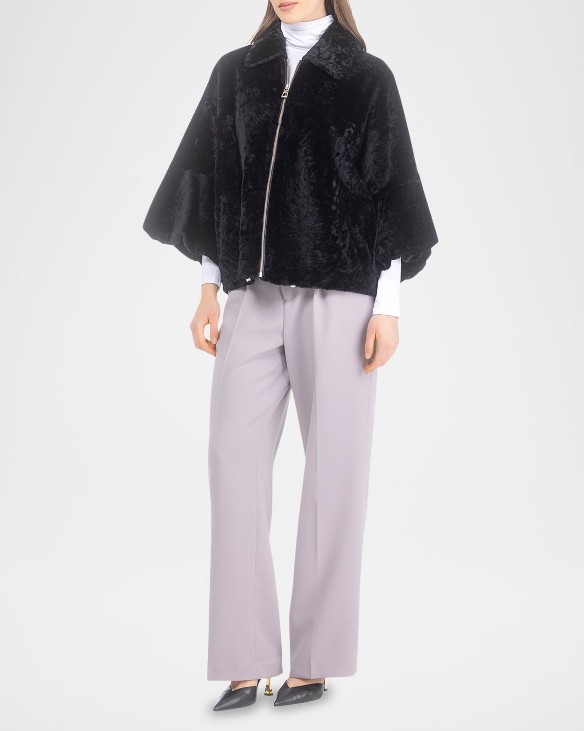 Gorski Textured Shearling Lamb Zip Jacket With Cropped Sleeves