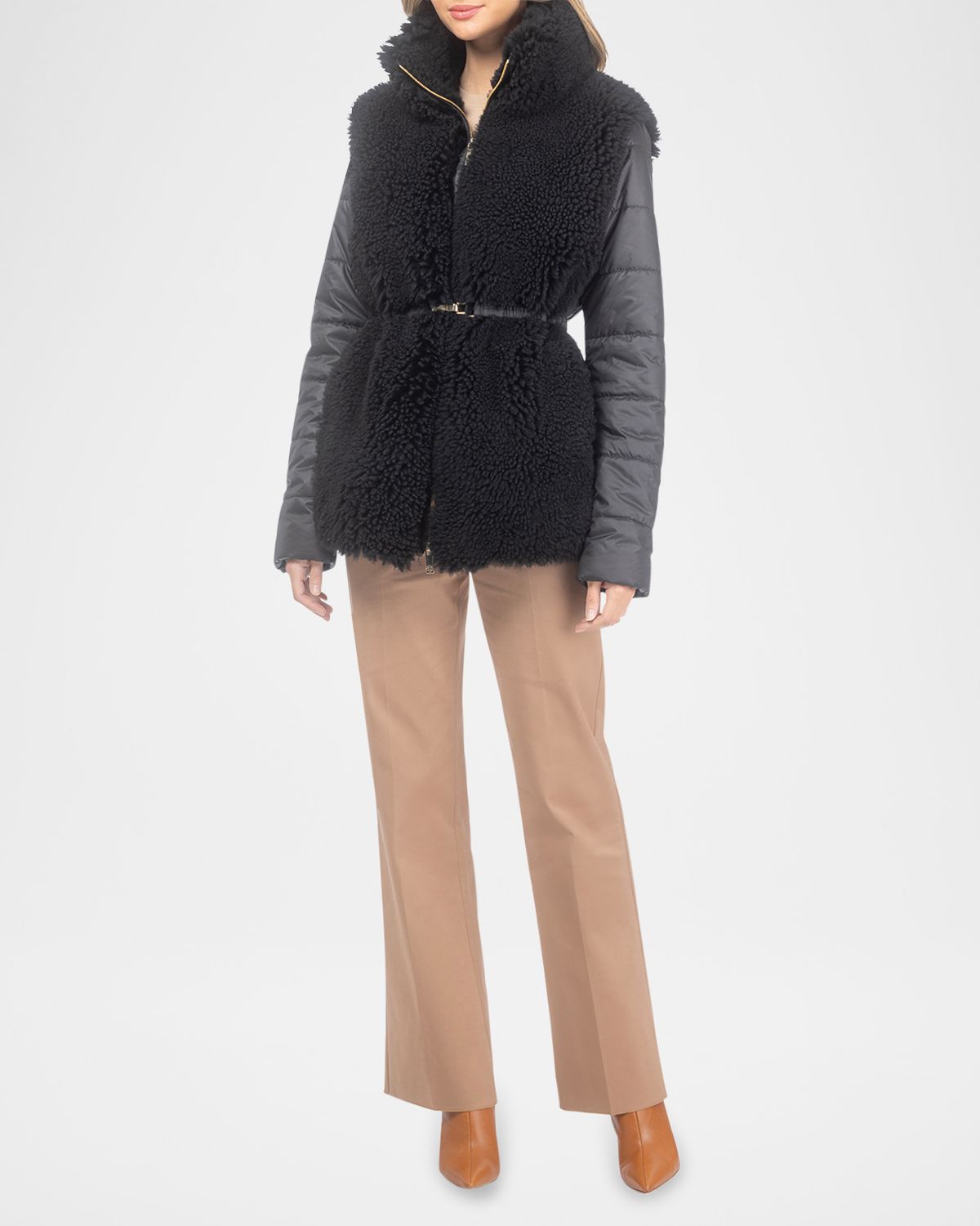 Gorski Belted Curly Lamb Shearling Jacket with Quilted Sleeves & Back