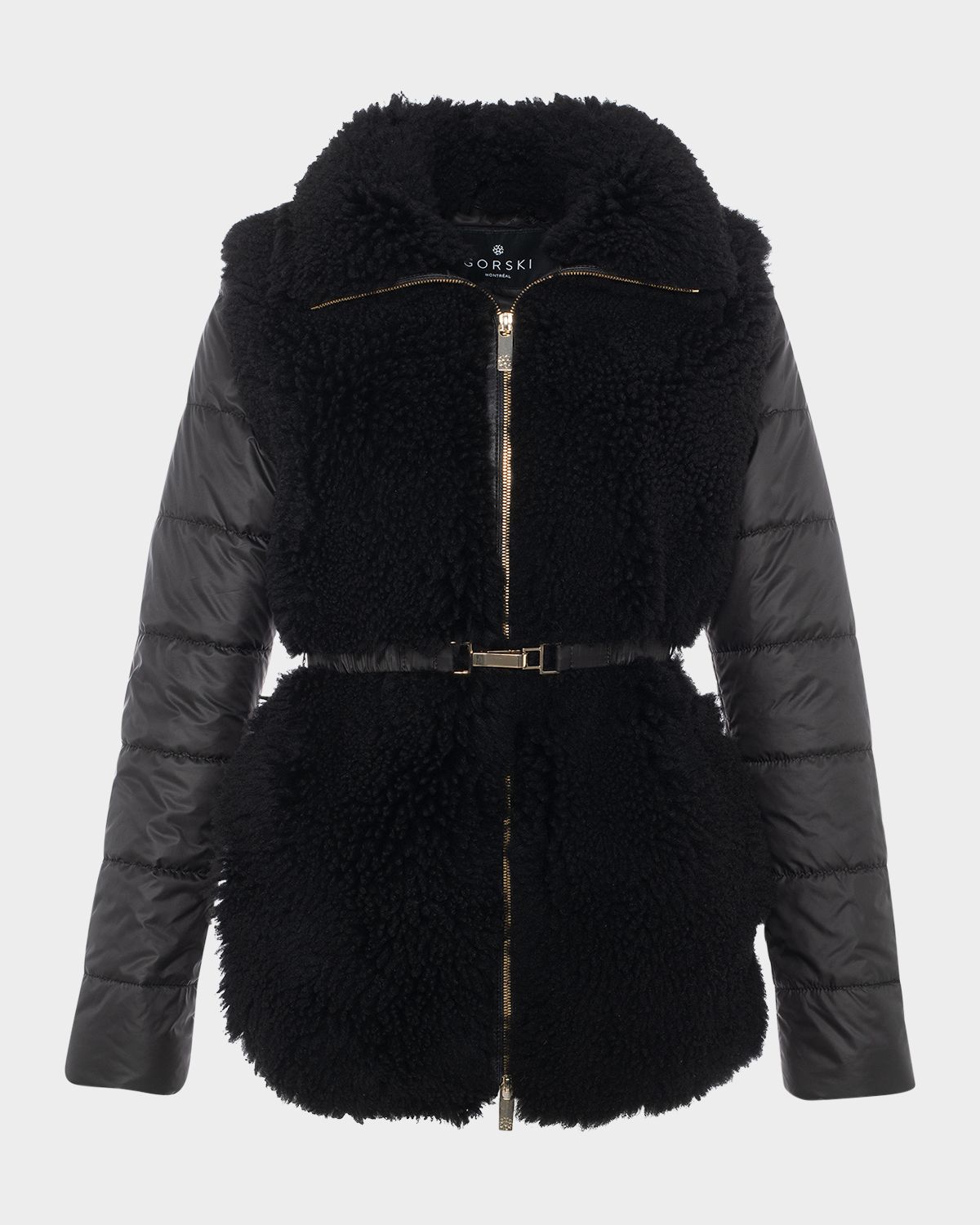 Gorski Belted Curly Lamb Shearling Jacket with Quilted Sleeves & Back