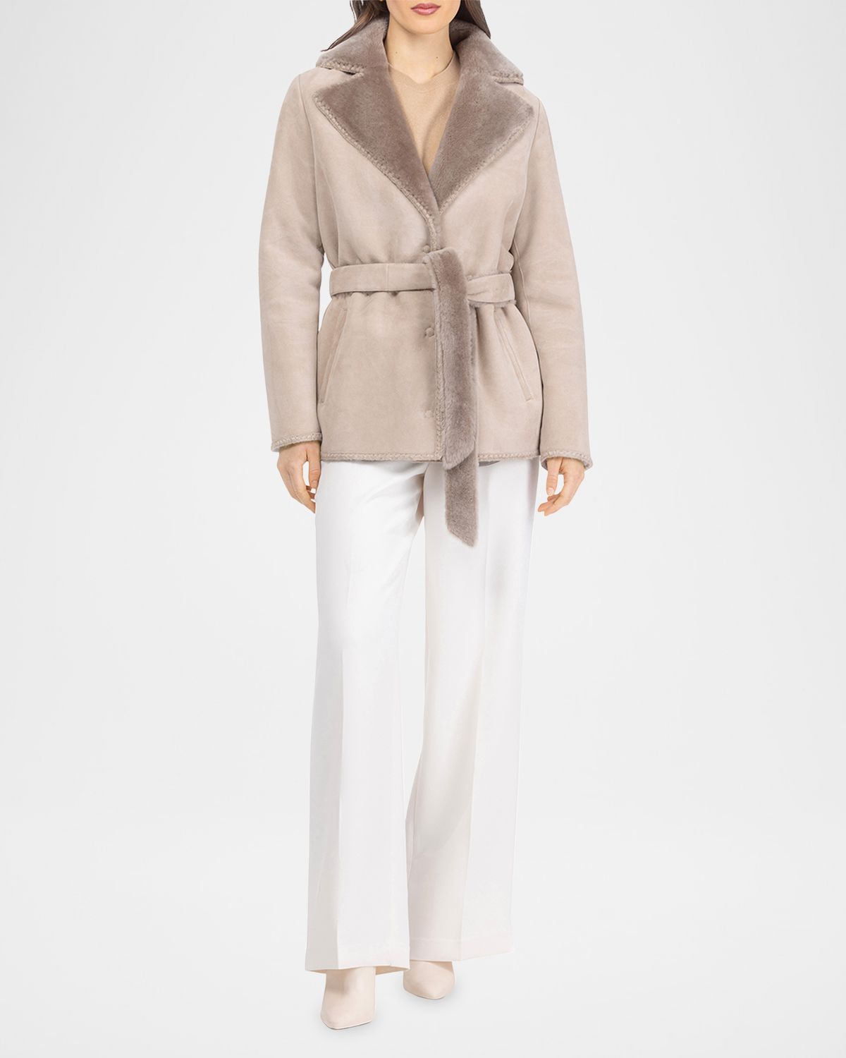 Gorski Merino Shearling Lamb Belted Jacket With Whipstitch Trim