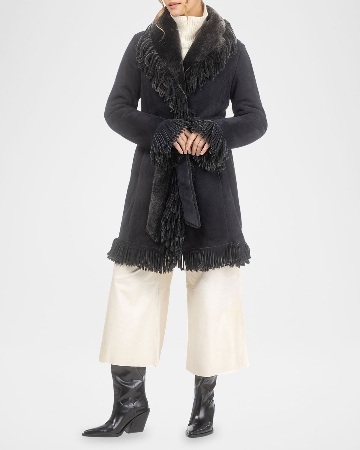 Gorski Merino Shearling Lamb Belted Stroller With Fringes