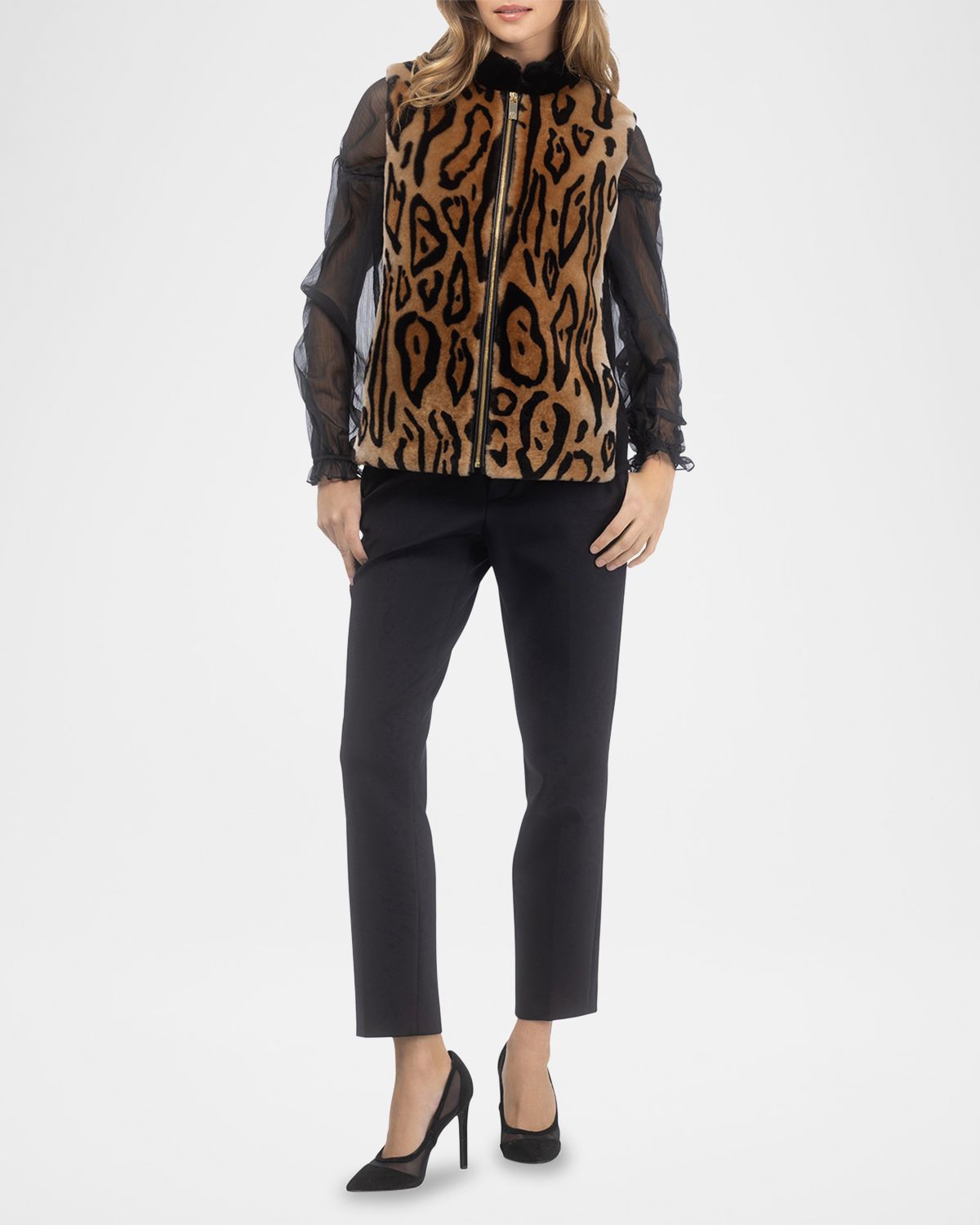 Gorski Ocelot-Print Shearling Lamb Zip Vest With Loro Piana Wool Back