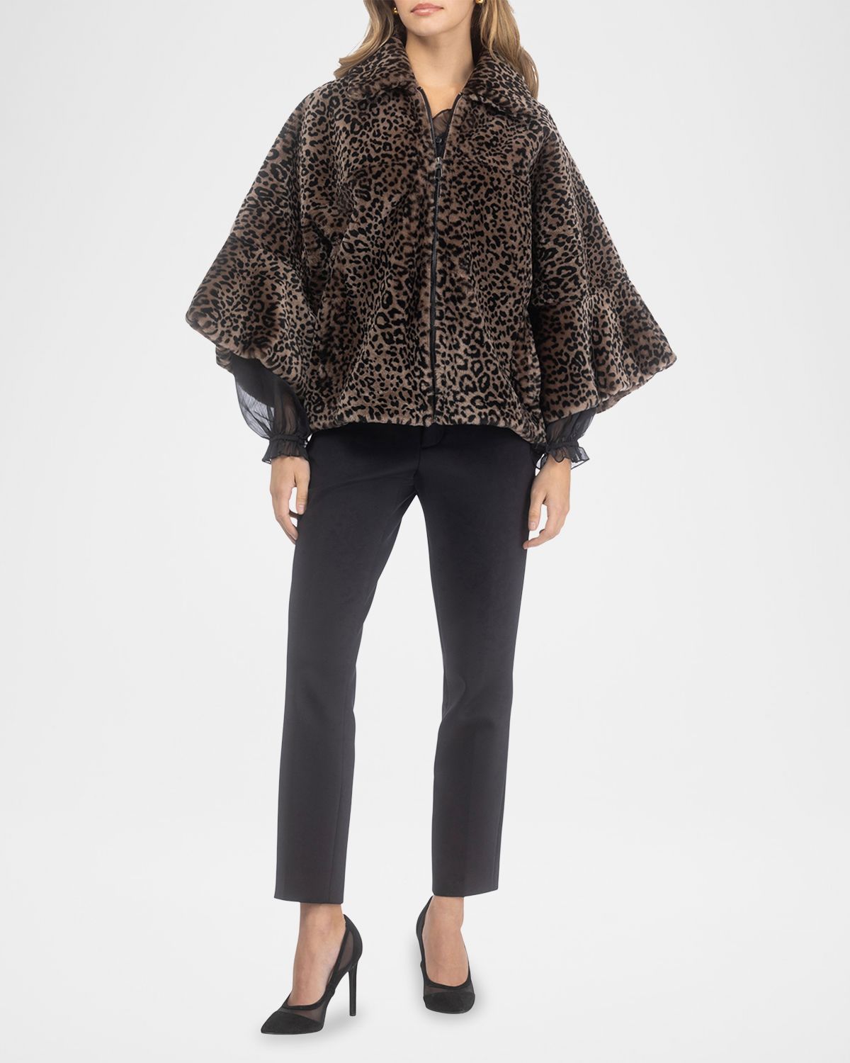 Gorski Leopard-Print Shearling Lamb Zip Jacket With Cropped Sleeves