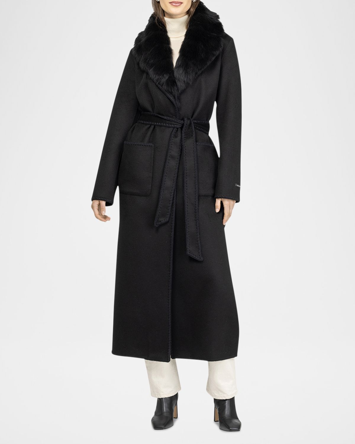 Gorski Belted Cashmere-Wool Coat with Detachable Merinillo Lamb Shearling Collar