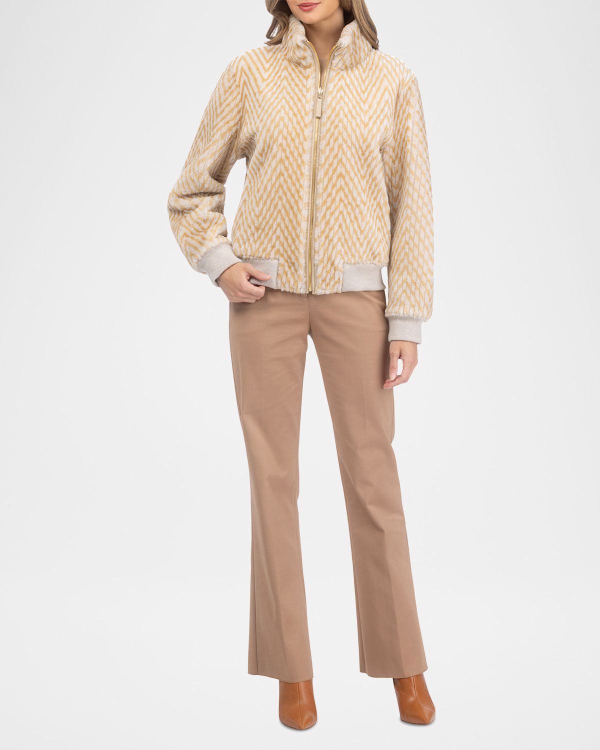 Gorski Reversible Chevron-Print Grooved Shearling Lamb Bomber Jacket