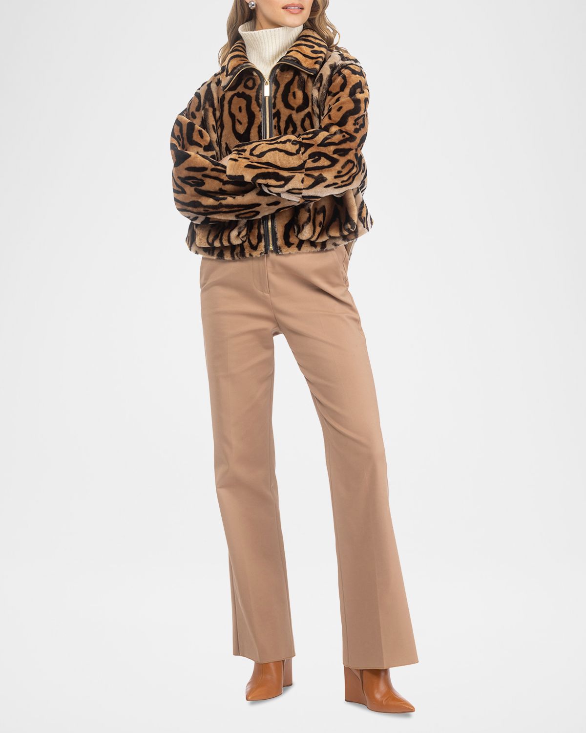 Gorski Ocelot-Print Shearling Lamb Zip Jacket