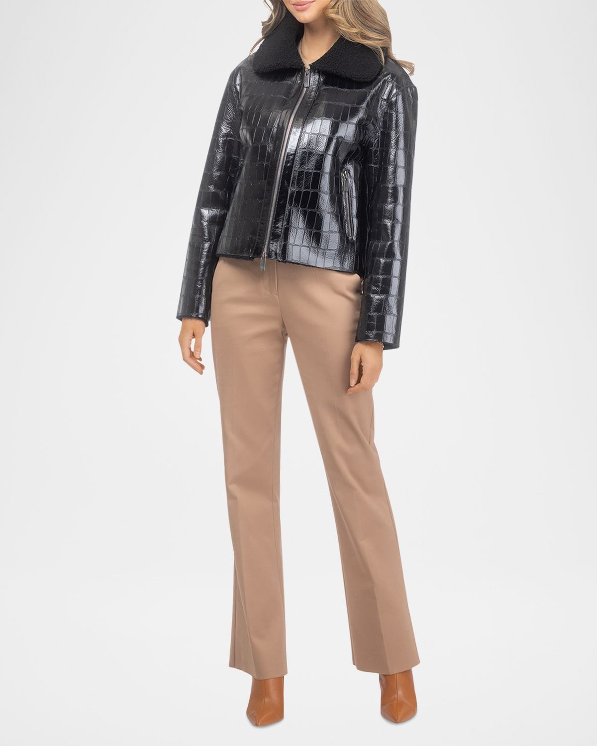 Gorski Shearling Lamb Croco Embossed Zip Jacket