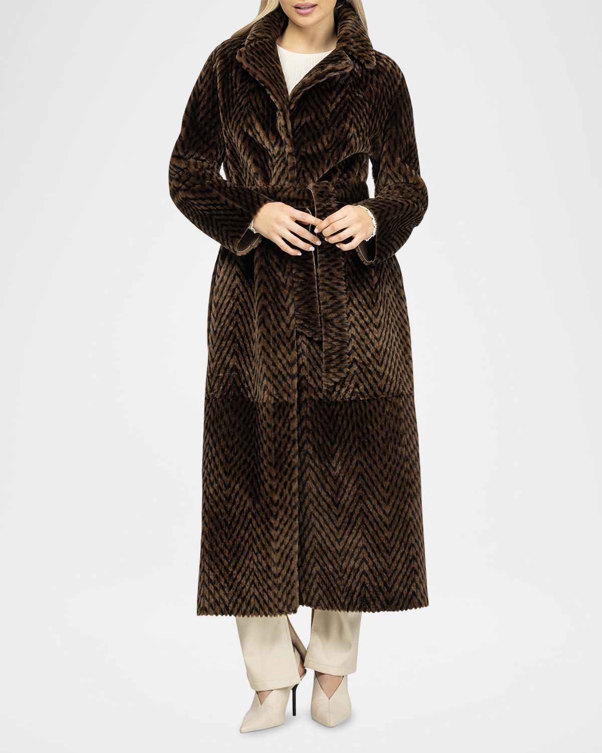 Gorski Reversible Chevron-Print Grooved Shearling Lamb Coat With Belt