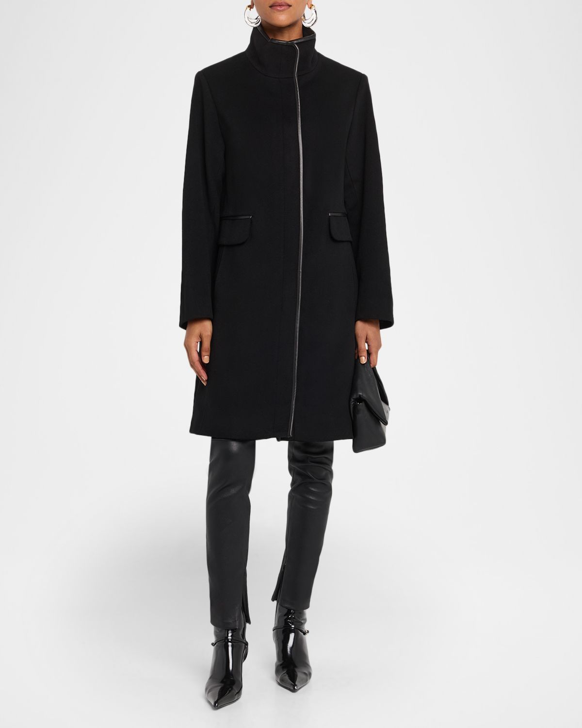 Fleurette Margaux Mid-Length Wool Coat with Leather Trim