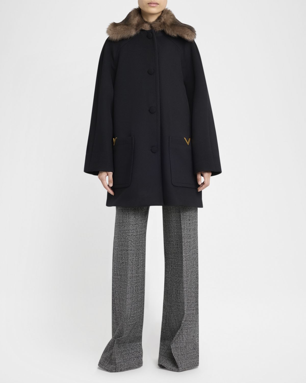 Valentino Garavani Sheep Shearling Collar Single-Breasted Wool Coat