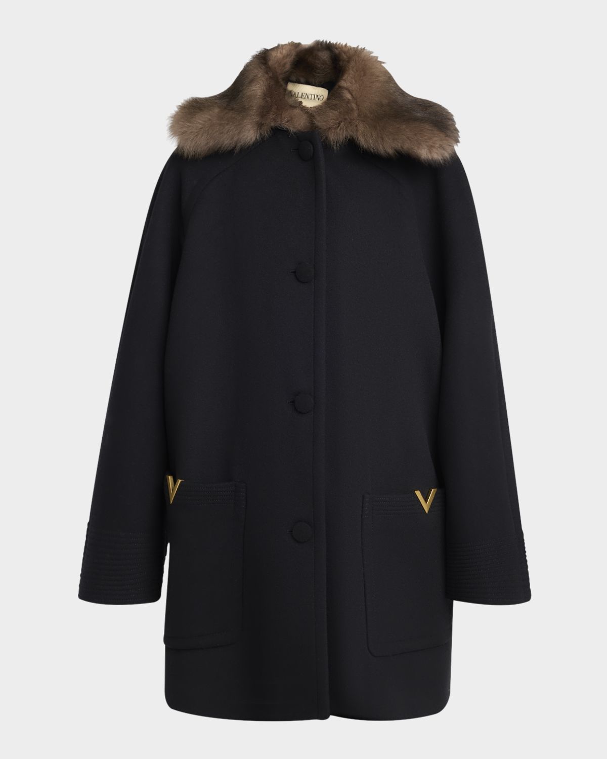 Valentino Garavani Sheep Shearling Collar Single-Breasted Wool Coat