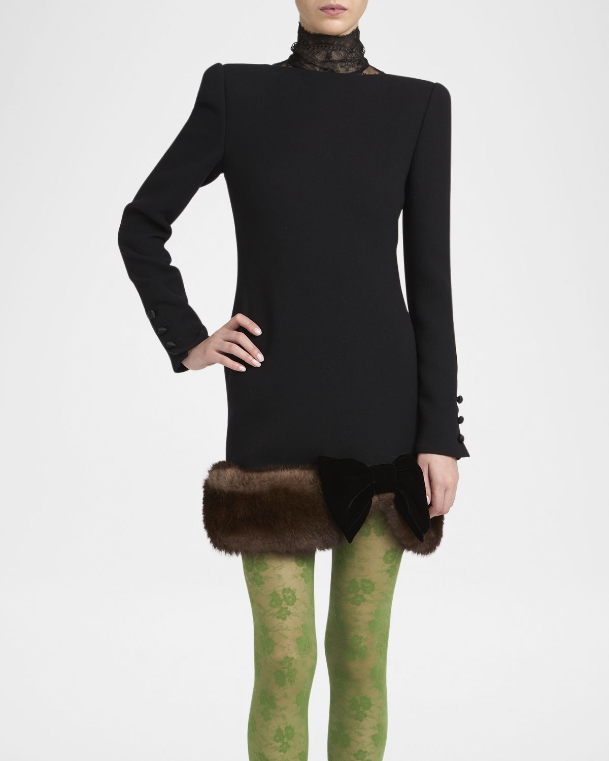 Valentino Garavani Turtleneck Long-Sleeve Sheep Shearling-Trim Mini Dress