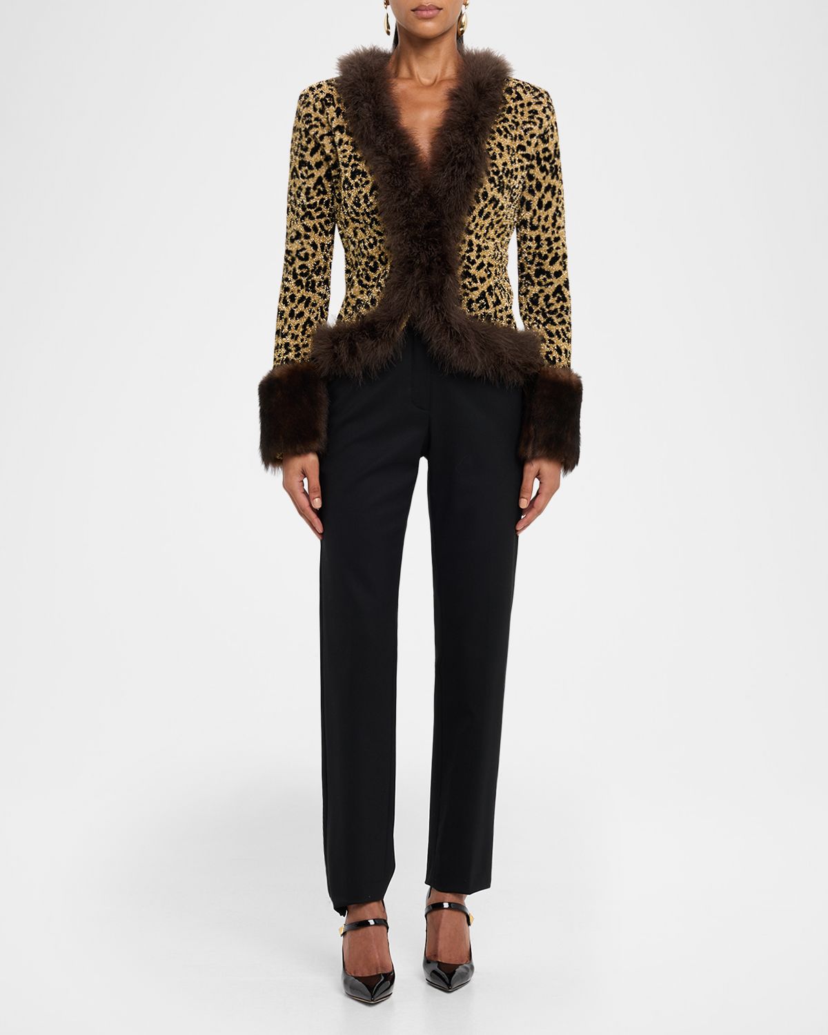 Valentino Garavani Feather and Lamb Shearling Trim Metallic Leopard Jacket | Thumbnail 5