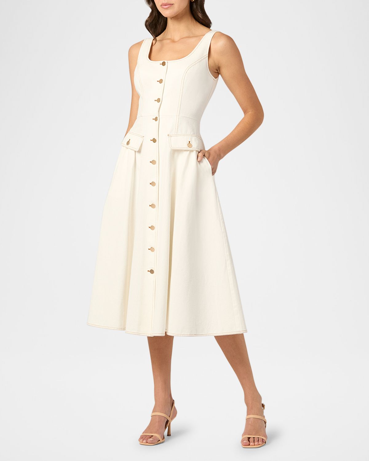 Shoshanna Belle Sleeveless Button-Down Cotton Midi Dress