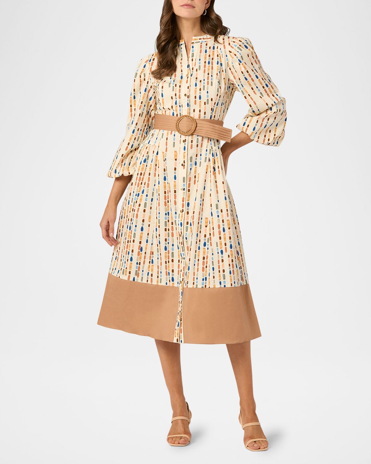 Shoshanna Bria Belted Brushstroke-Print Cotton Midi Dress