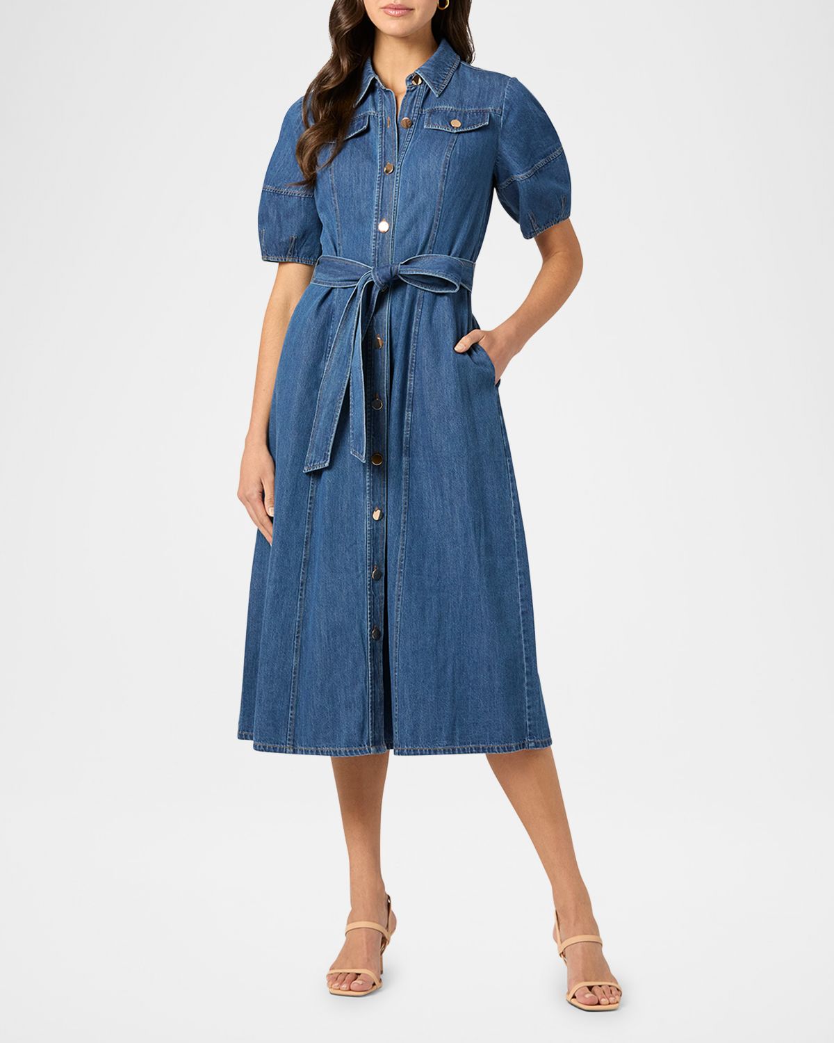 Shoshanna Mara Puff-Sleeve Denim Midi Shirtdress