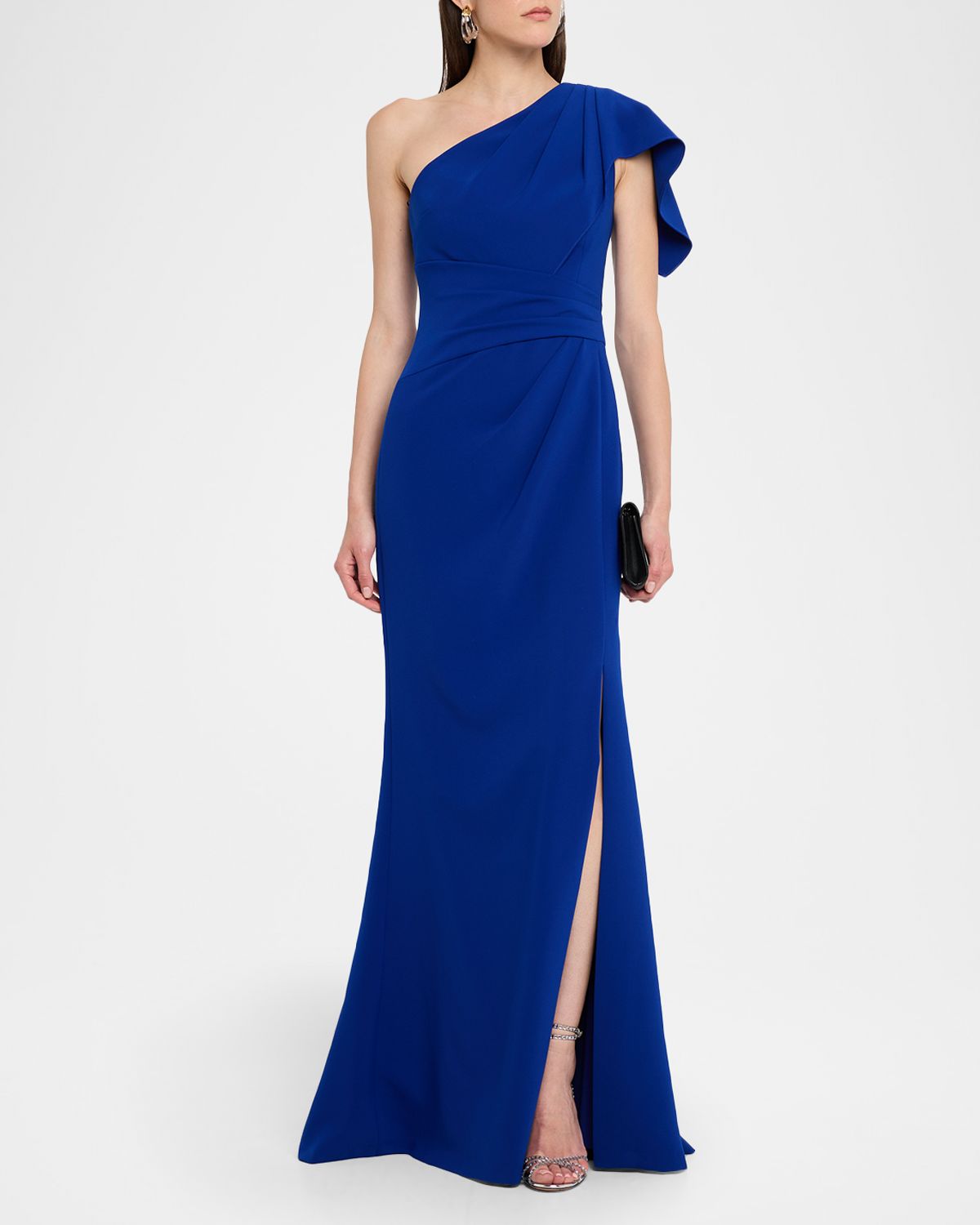 Rickie Freeman for Teri Jon Pleated One-Shoulder Stretch Crepe Gown