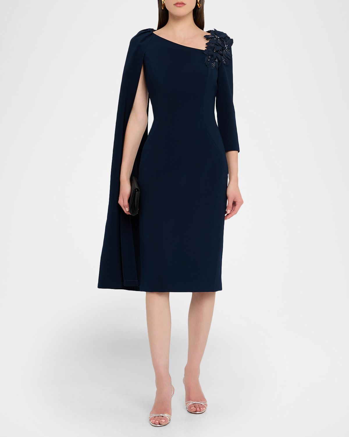 Rickie Freeman for Teri Jon Cape-Sleeve Crepe Midi Dress