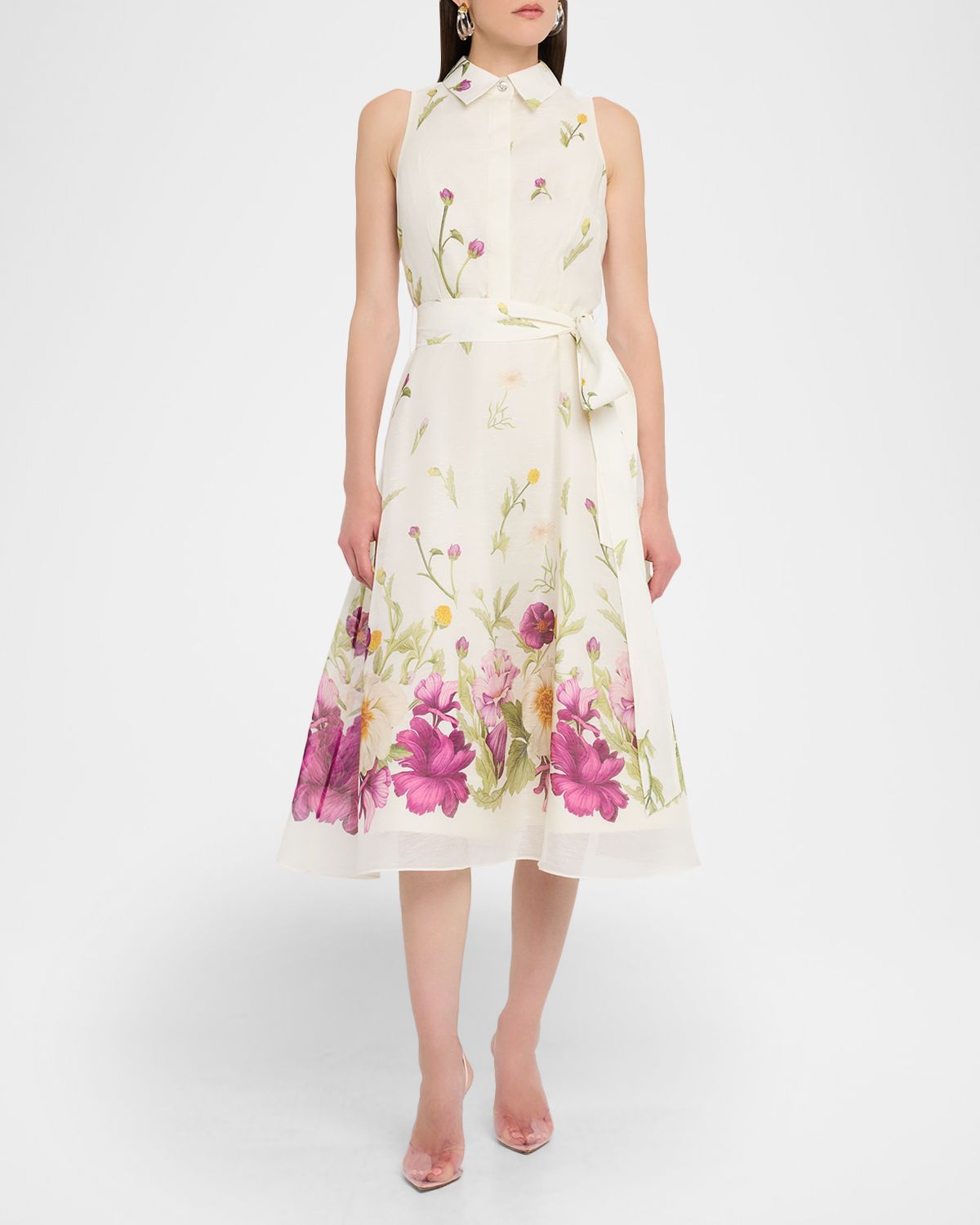 Rickie Freeman for Teri Jon Sleeveless Floral-Print Midi Shirtdress