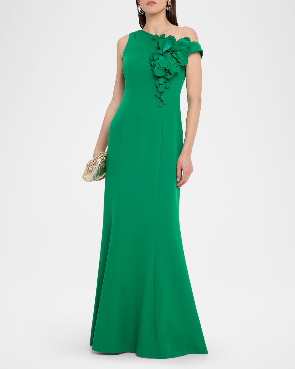 Rickie Freeman for Teri Jon One-Shoulder Floral Applique Stretch Crepe Gown