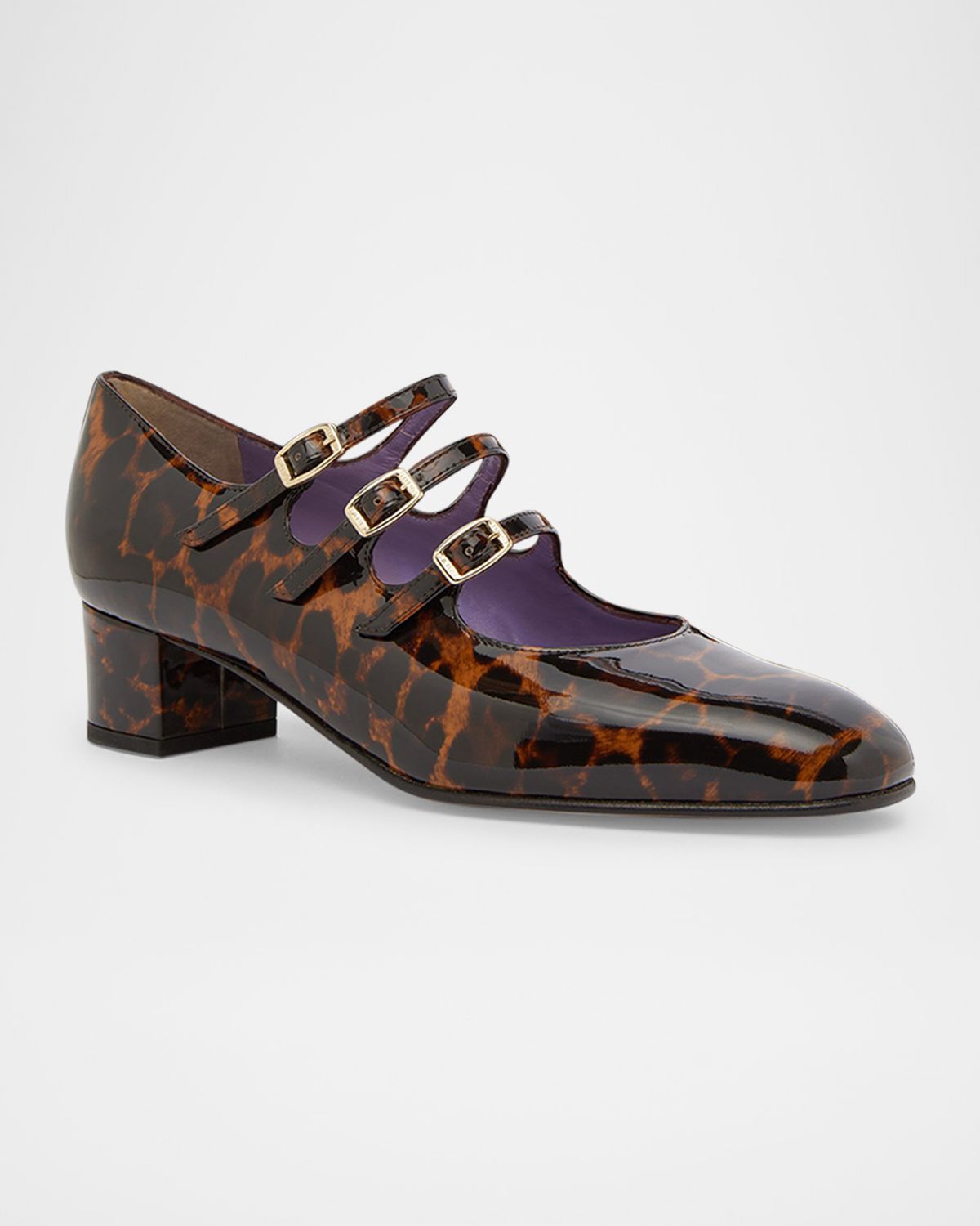 CAREL Kina Leopard Patent Leather Three-Strap Mary Jane Pumps